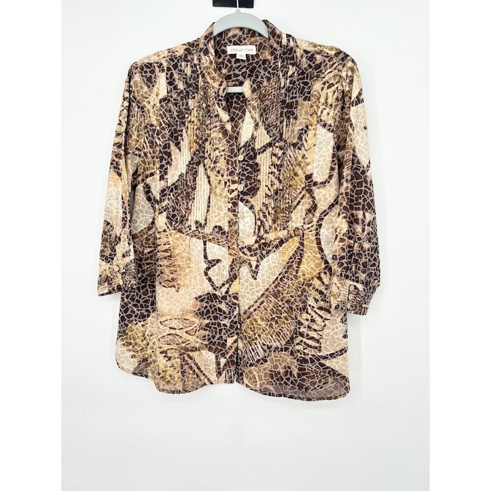 Coldwater Creek Blouse Petite Large Earthy Boho Pintuck Button Front‎ Flowy Top